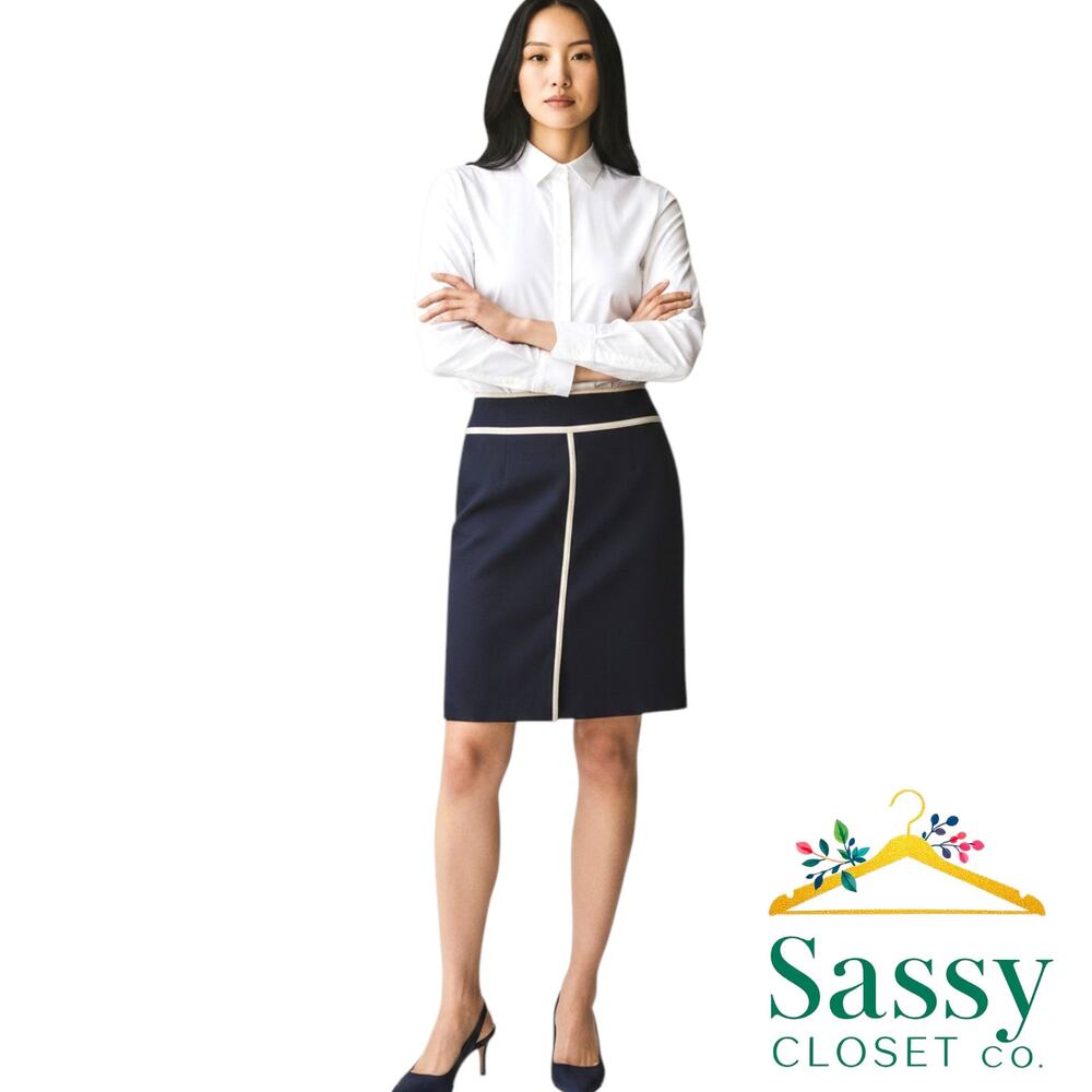 ANN TAYLOR Navy Ponte Pencil Skirt 10 White Contrast Trim Prep Stretch EUC